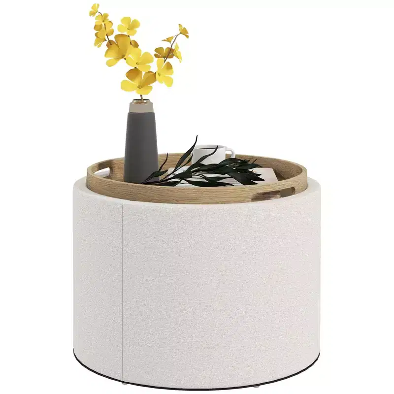 Round Storage Ottoman Coffee Table with Flip Top Tray, Linen Fabric Upholstered Footstool with Hidden Compartment