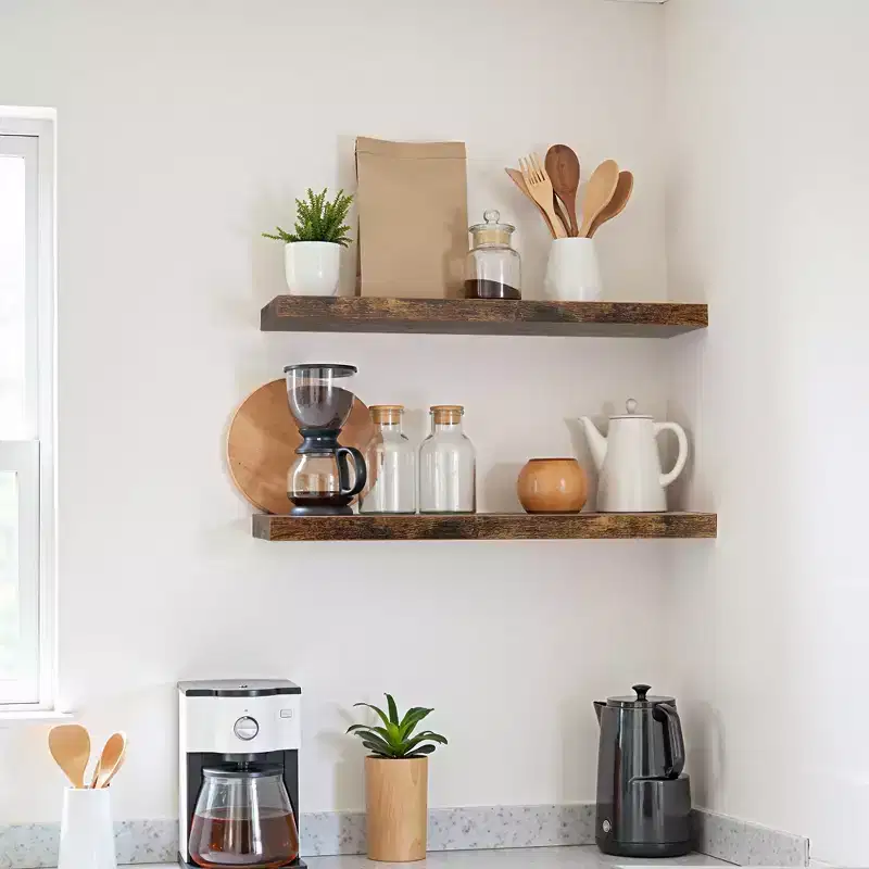 FurnitureR Wooden Floating Wall Shelves, Decorative Wall Storage Rack, Rustic WallMounted Display Ledge for Bedroom, Set of 2, Brown