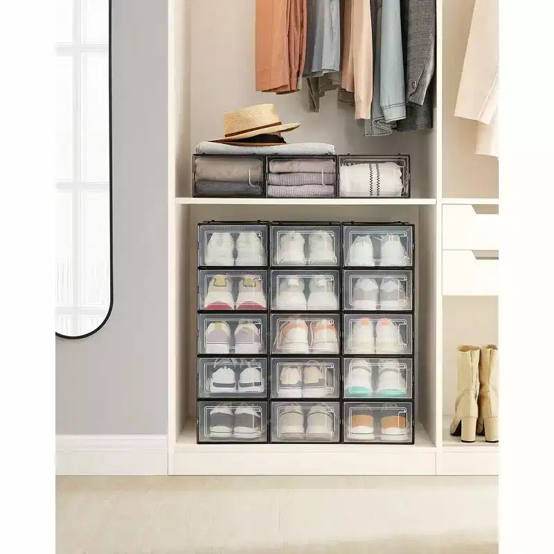SONGMICS Shoe Boxes - Set of 18 Stackable and Foldable Organizers - Transparent and Black - Fit up to US Size 11