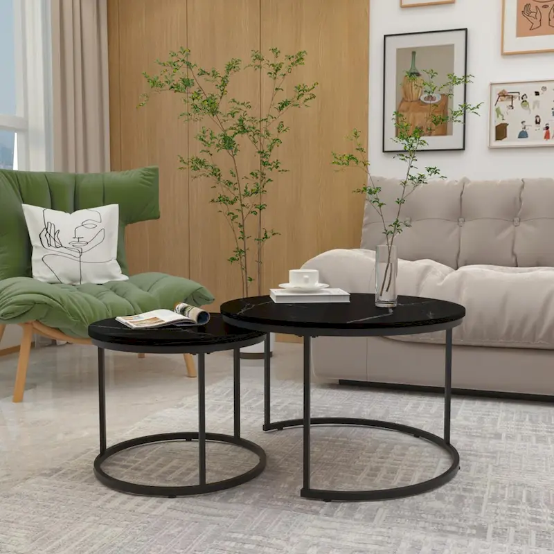 Nesting Coffee Table Set of 2, 27.6inch Round Coffee Table Wood Finish with Sturdy Metal Frame,End Table Side Tables