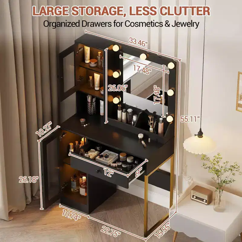 Makeup Vanity Desk with Mirror and Lights, Vanity Table with Charging Station, Wood Dressing Table for Bedroom for Girls