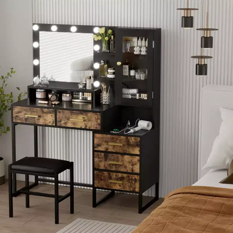 Makeup Vanity with Lights In 3 Colors, Vanity Table with Charging Station, Vanity Desk with Drawers Shelves Mirror, Dressing Table for Bedroom