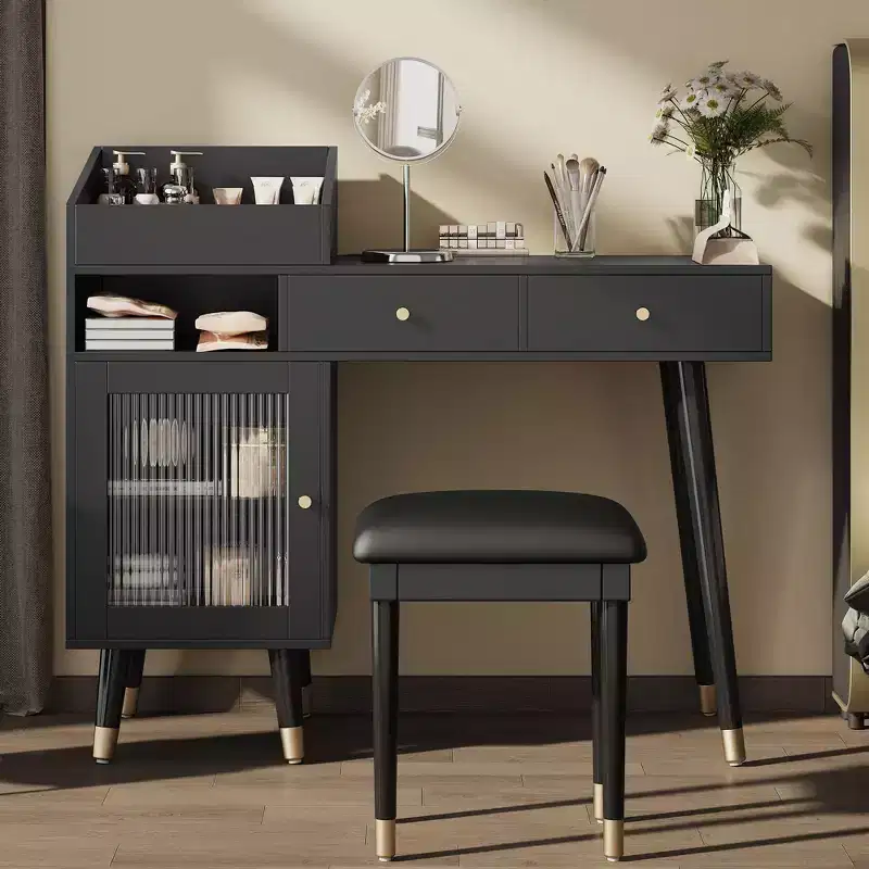 Okak Modern Vanity Desk with Padding Stool, Dressing Table with Drawers, Cabinet & Charging Port, Makeup Table for Small Space, Black