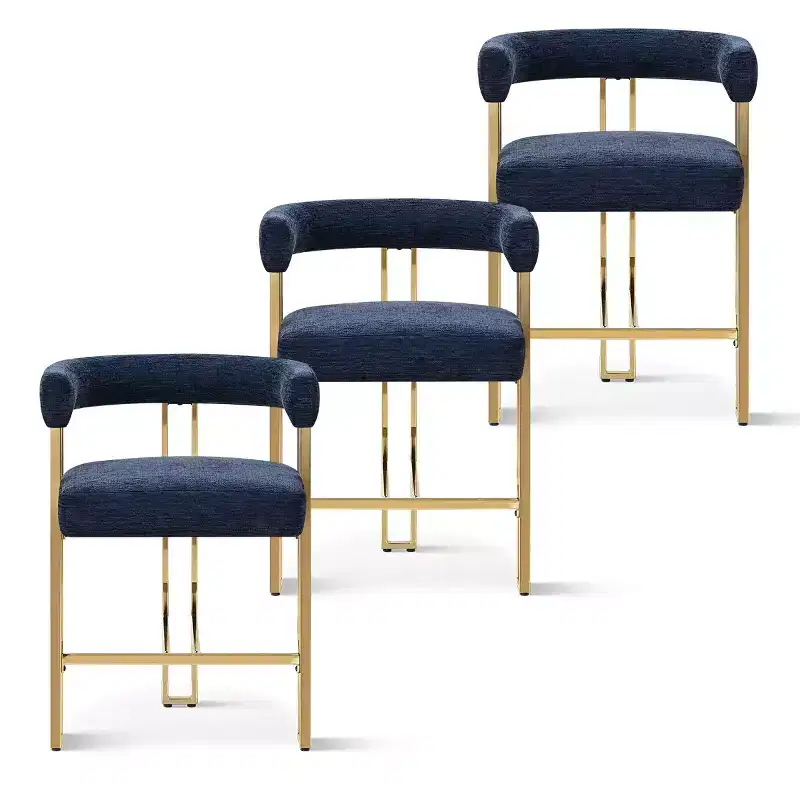 Set of 3 Counter Height Bar Stools with Backs and Arms, Modern Chenille Upholstered Kitchen Island Chairs with Gold Metal Legs - Panipeachy