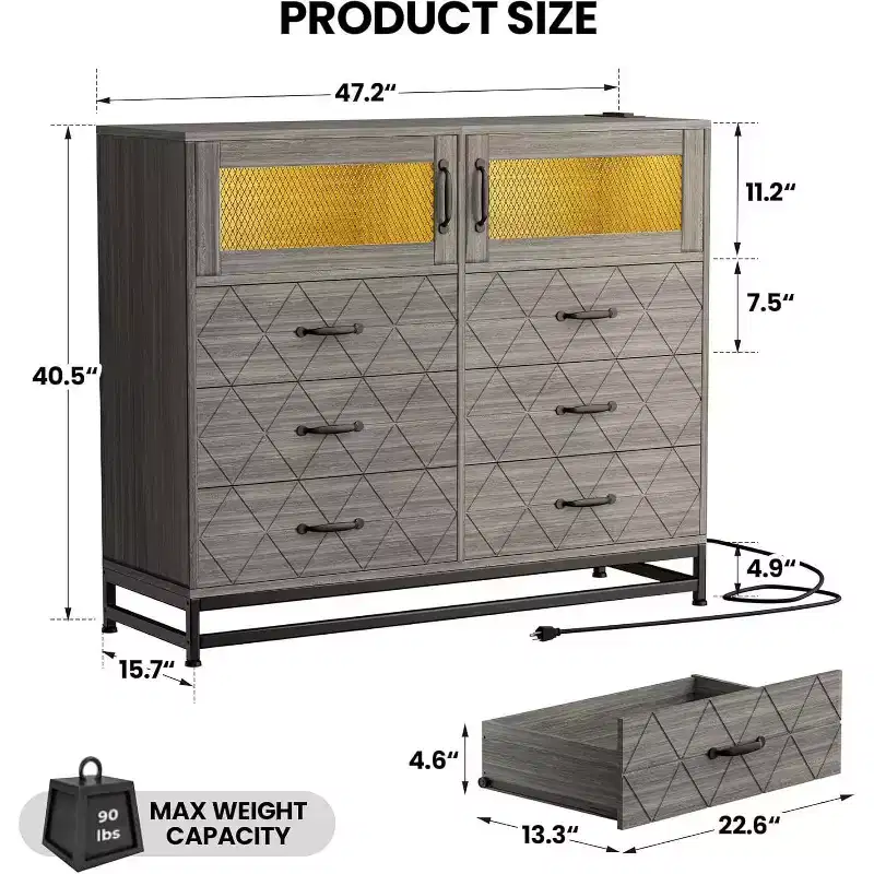 Acekool 8 Drawer Dresser with Cabinet for Bedroom, Tall Storage Chest with Charging Station, Storage Organizer for Living Room, Hallway, Closet