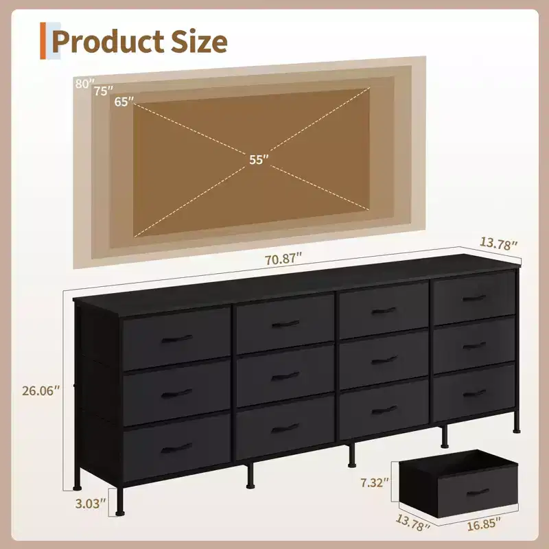 70 TV Stand with 12 Fabric Drawers & Charging Station, Long Entertainment Center for Up to 80 Inch TV, Media Console Storage Table for Living Room