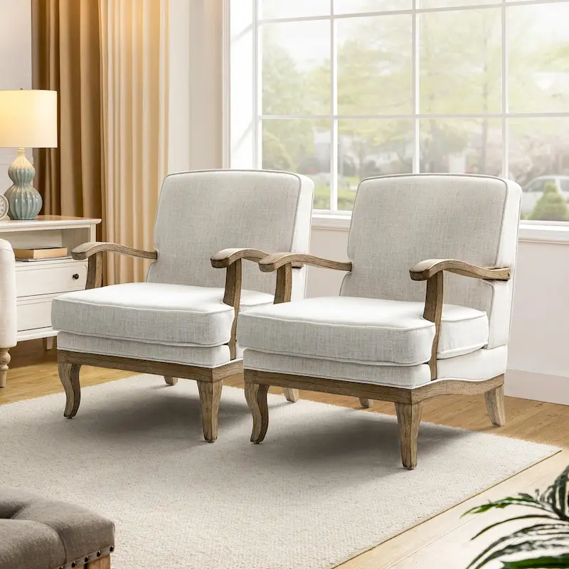 Rinaldo Farmhouse Polyester Armchair with Comfortable Backrest and Cushion Set of 2 by HULALA HOME