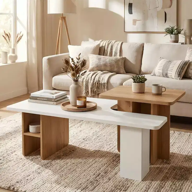 FurnitureR Modern 2-Tier Coffee Table with Elevated Work Surface, White and Oak Finish Living Room Table with Open Storage