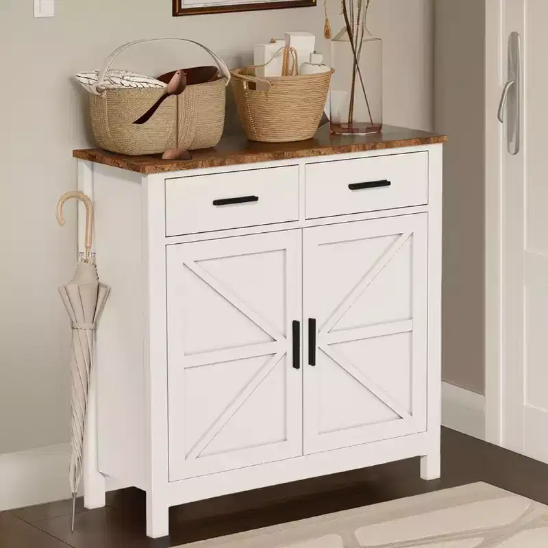 White Kitchen Storage Cabinet, Modern Farmhouse Buffet Cabinet with Storage, Coffee Bar with 2 Drawers and 2 Doors