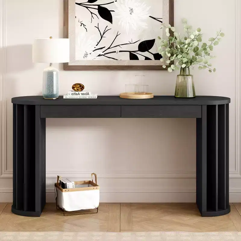 Long Console Table with Storage, Minimalist Entryway Table with Drawers and Wood Hallway Table with Curved and Straight Line Design