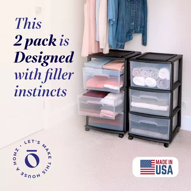 Homz Plastic 3 Drawer Medium Storage Tower, Clear Drawers & Black Frame (2 Pack)
