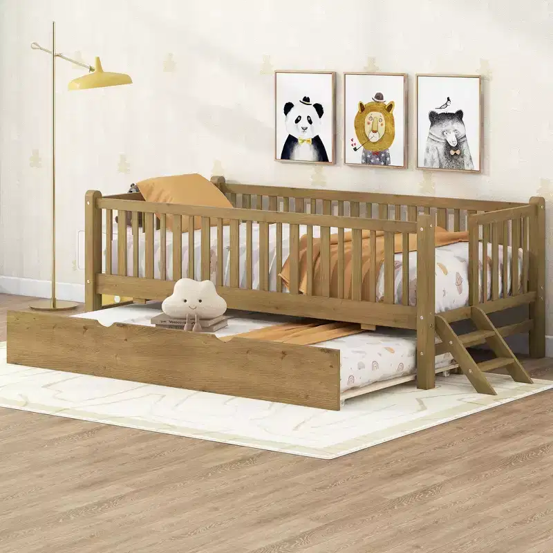 Twin Size Bed Frame with Trundle & Guardrail, Low Profile Platform Bed with Stairs for Boys and Girls