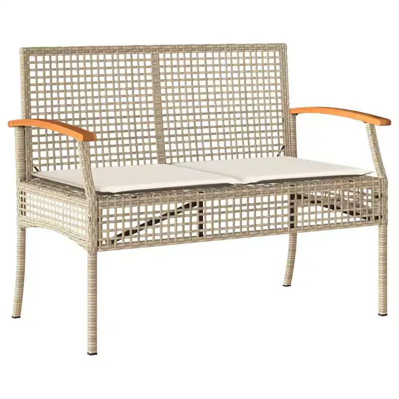 Trendy Outdoor Garden Bench with Cushions in Beige Rattan