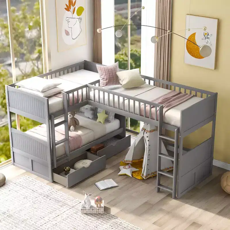 Okak Twin Bunk Bed with a attached Loft Bed, Solid Wood BunkBeds with Two Drawers and Stairs for Kids, Girls, Boys Easy Assemble