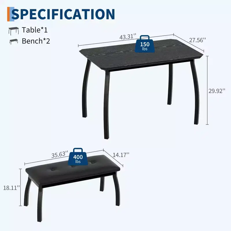 Bench-Style Dining Table Set Wooden dining table with 2 benches 4-6 person dining table and chair set Suitable for kitchens, apartments, and studios