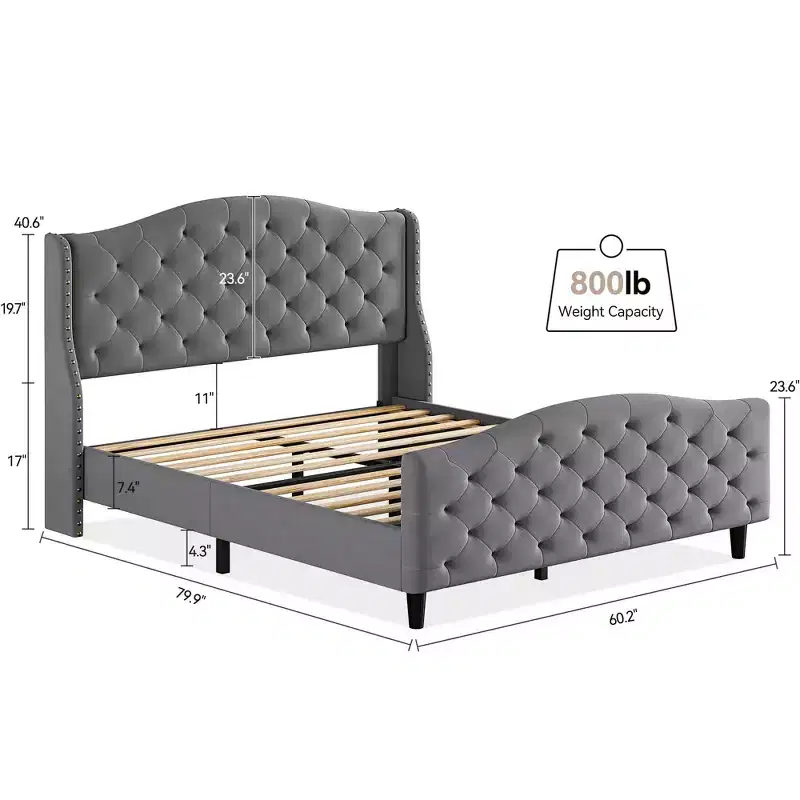 Queen Size Velvet Tufted Platform Bed Frame with Wingback Headboard - Wood Slat Support, No Box Spring Needed, Gray Upholstered Bed