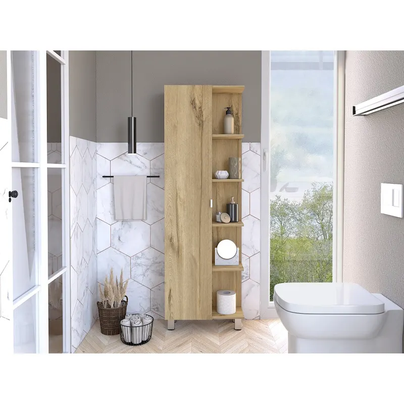 Linen Cabinet with Mirror - 4 Interior & 5 External Shelves, Smokey Oak