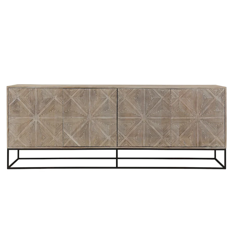 Zion 84 Mango Wood Carved 4-Door Sideboard with Iron Base