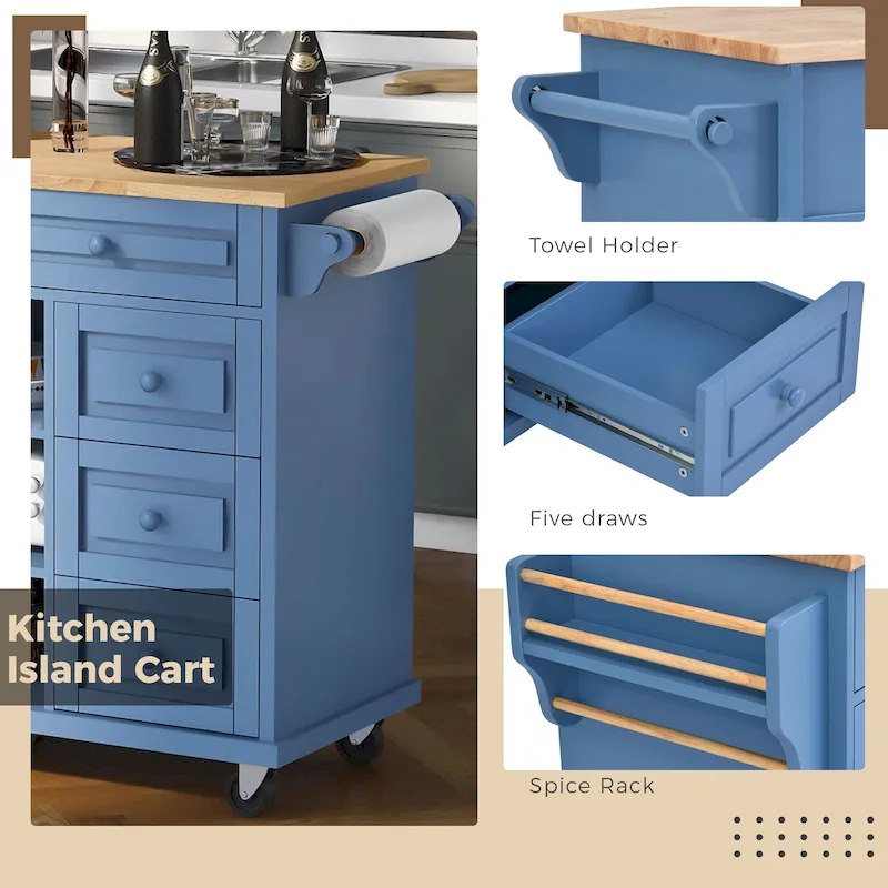 Kitchen Cart With Rubber Wood Desktop Rolling Mobile Kitchen Island With Storage And 5 Draws 53 Inch Length(no include stool)