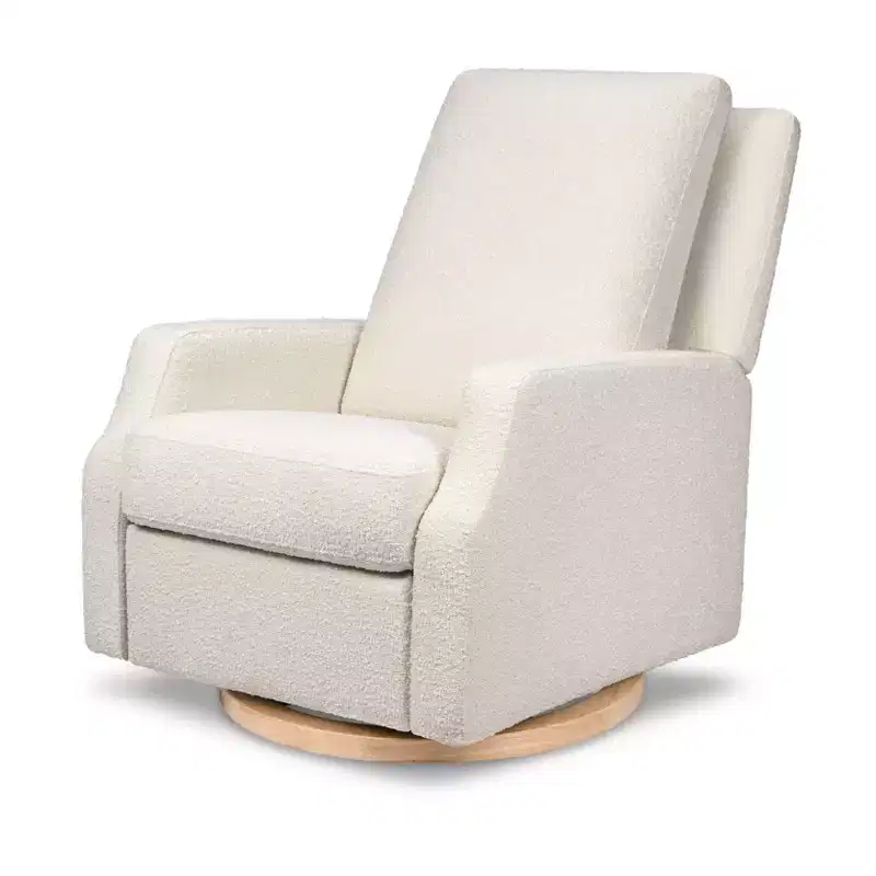 Electronic Recliner and Swivel Glider - Ivory Boucle with Light Wood Base