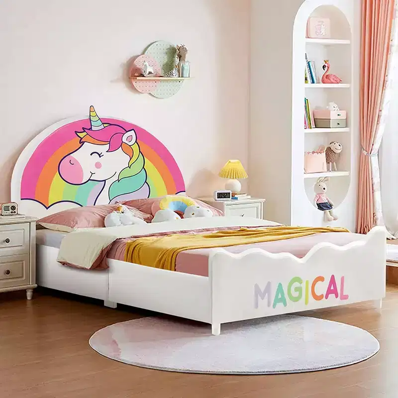 Kids Upholstered Platform Bed Twin Size Unicorn Pattern