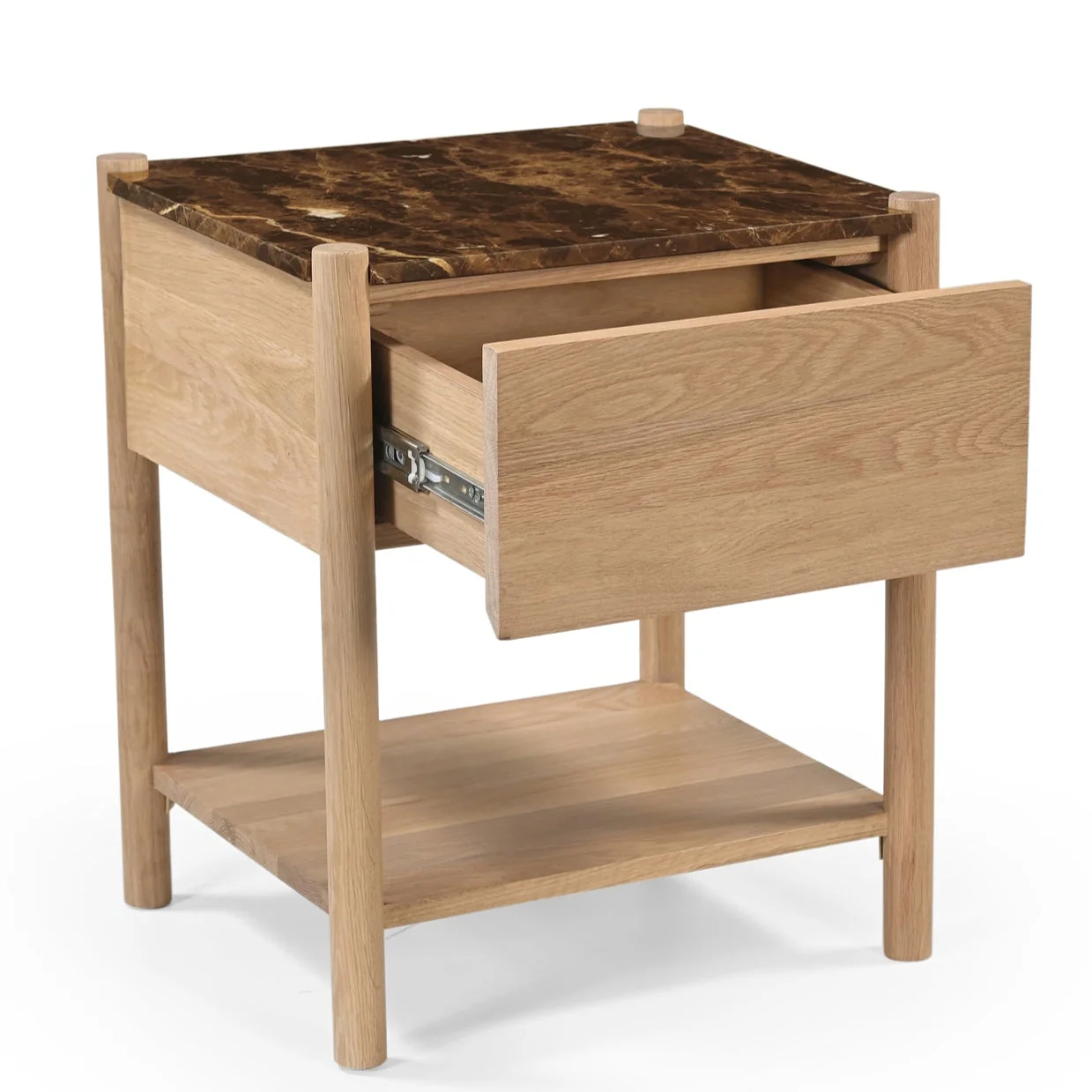Transitional Emperador Marble & Solid Oak Nightstand with Dark Stone Top for Bedroom