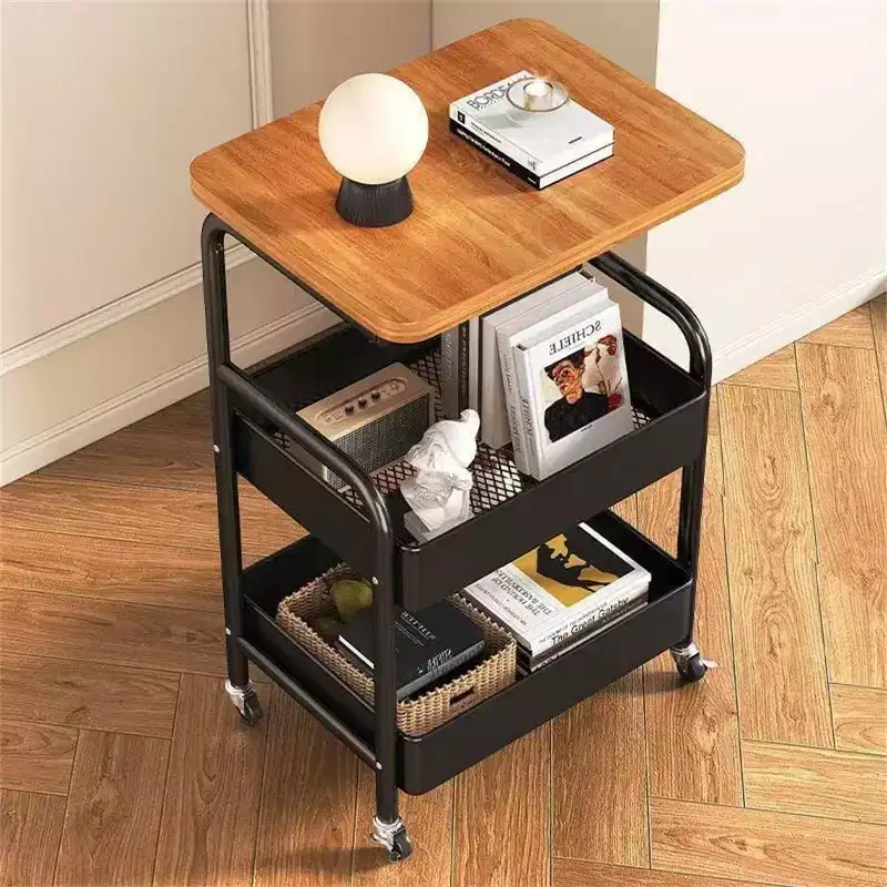 3-Tier Rolling Cart w/Wooden Tabletop, Utility Cart w/Lockable Wheels, Multipurpose Storage Organizer Trolley