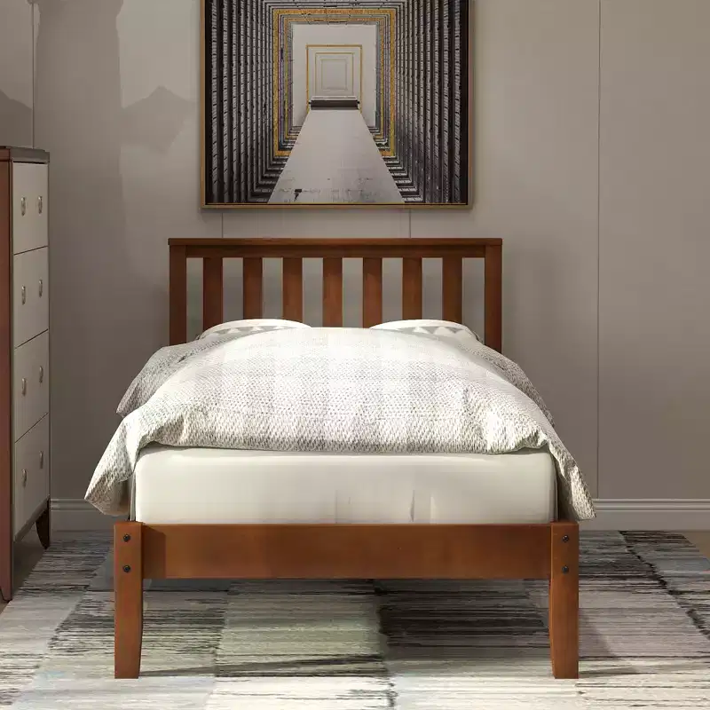 Wood Twin Size Platform Bed Frame with Headboard and Footboard for Kids Boys Girls Teens Adults, Walnut