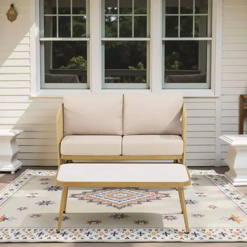 GDFStudio Lucas Outdoor Wicker Glider Loveseat Chat Set with Coffee Table and Cushions