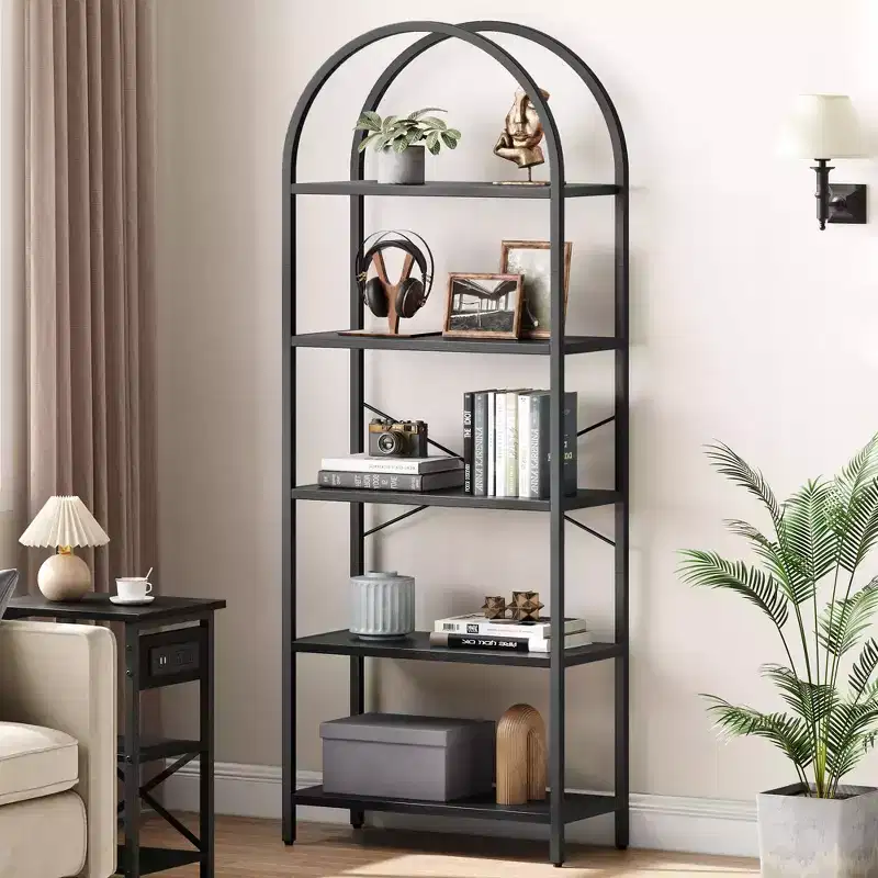 Bookshelf 5 Tier Bookcase Arched Display Racks Tall Standing Bookshelves Metal Frame Open Storage Rack Shelf Large Black Book Shelf for Bedroom