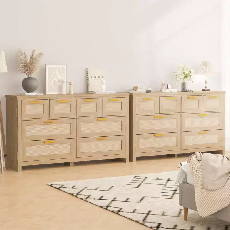 Wood Rattan 8-Drawer Dresser Chest
