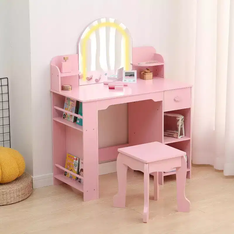 Girl Vanity with Lights,Kid Vanity Table and Chair Set for Princess,Toddler Makeup Vanity Desk with Open Bookshelf,Storage Cabinet&Side Shelves