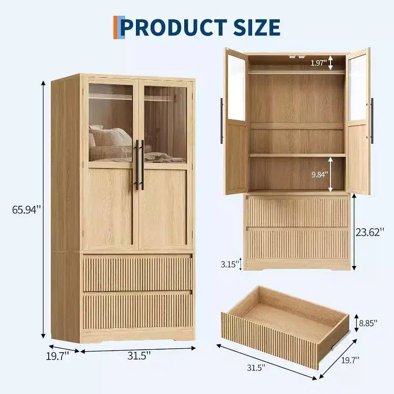 Acekool Wardrobe Closet for Bedroom, MDF & PB Board, Glass Wave Panel Doors, Hanging Rod, 2 Drawers, Shelves,Natural Wood Tone