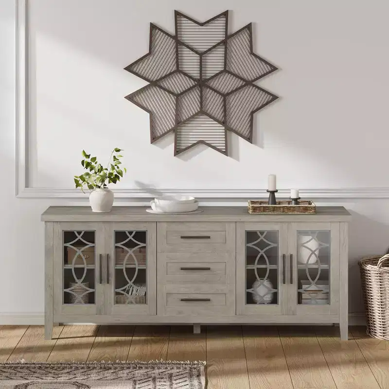 GustoWave Farmhouse TV Stand for 70 Inch,with Glass Door,2 Storage Door and 3 Drawer, Console Table with Shelves for Bedroom Living Room