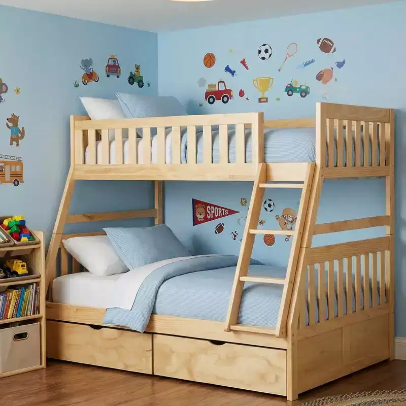 Modern Wood Twin Over Full Bunk Bed with Storage Boxes