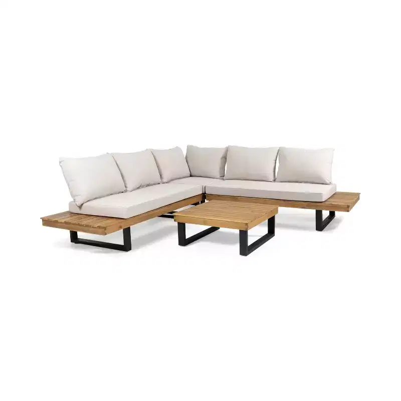 GDFStudio Raleigh Outdoor Acacia Wood 5 Seater Sectional Sofa Chat Set with Cushions, Teak/Beige