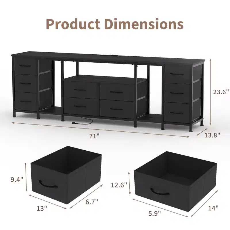 10 Drawer Dresser, TV Stand with Fabric Drawers for 75 70 65 Inch TV, TV Console Table, Entertainment Center with Open Storage Shelves for Bedroom