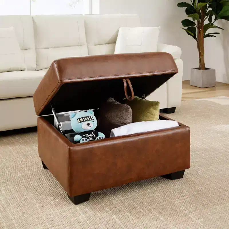 Square Faux Leather Ottoman with Storage, Footrest Stool Coffee Table for Living Room-Morden Fort