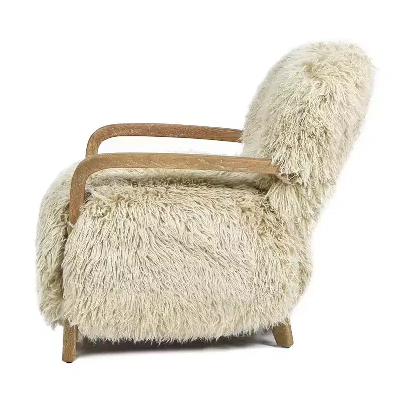 Enchante 28.5 Mongolian Sheepskin Accent Arm Chair, Taupe Beige Genuine Fur