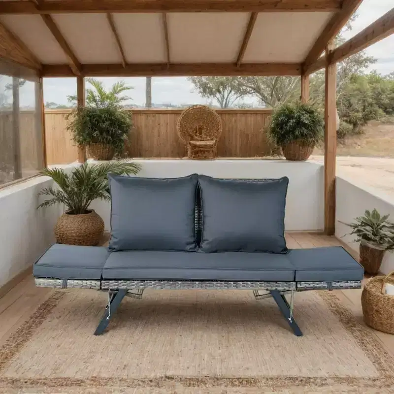 GDFStudio Duri Modern Steel and Wicker Outdoor Foldable Bench with Cushion