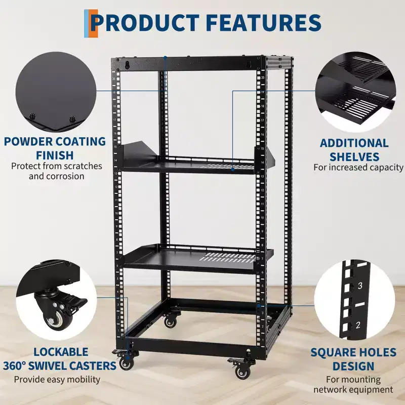20U Open Frame Network Rack, Carbon Steel, Adjustable Depth 22-40in, with 2 Shelves & Casters, Wall Mount & Free Standing