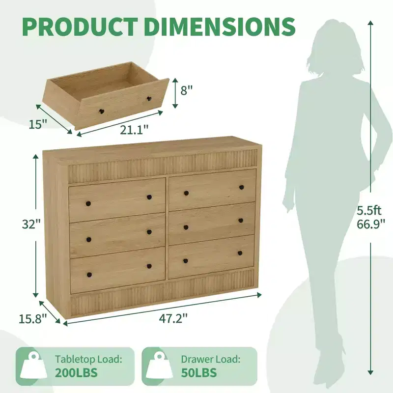 6/7 Drawer Dresser for Bedroom, Wooden Fluted Chest of Drawers, Modern Oak Storage Organizer for Living Room, Hallway, Entryway