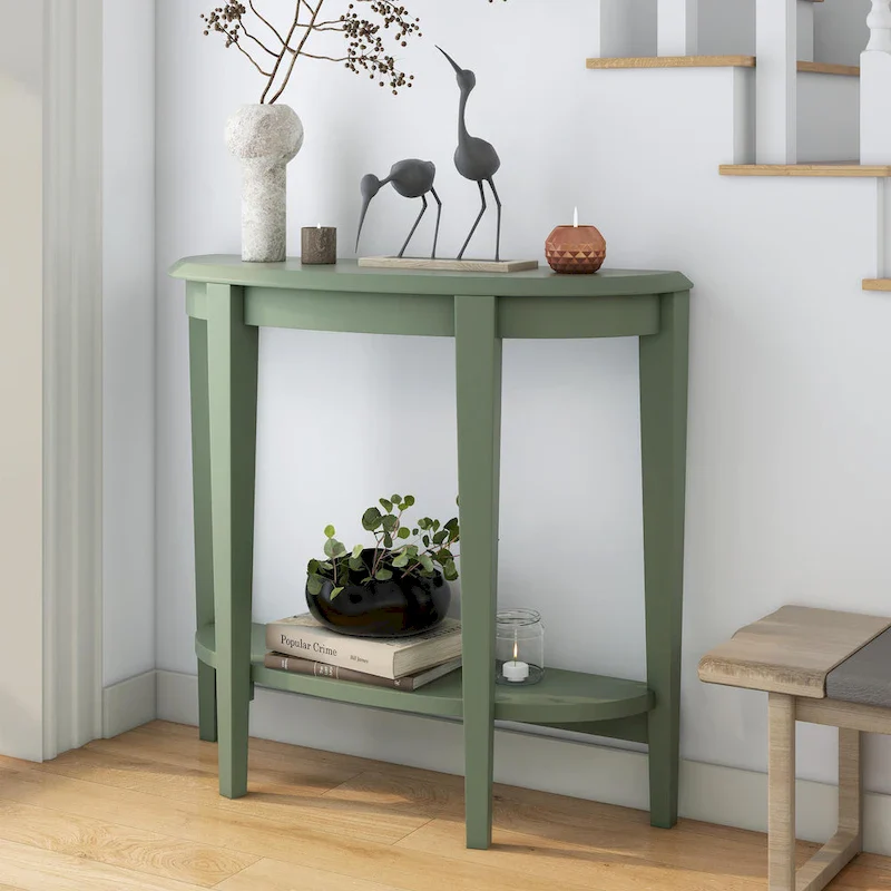Contemporary Half-Moon Console Table with Bottom Shelf – 3 Colors, MDF