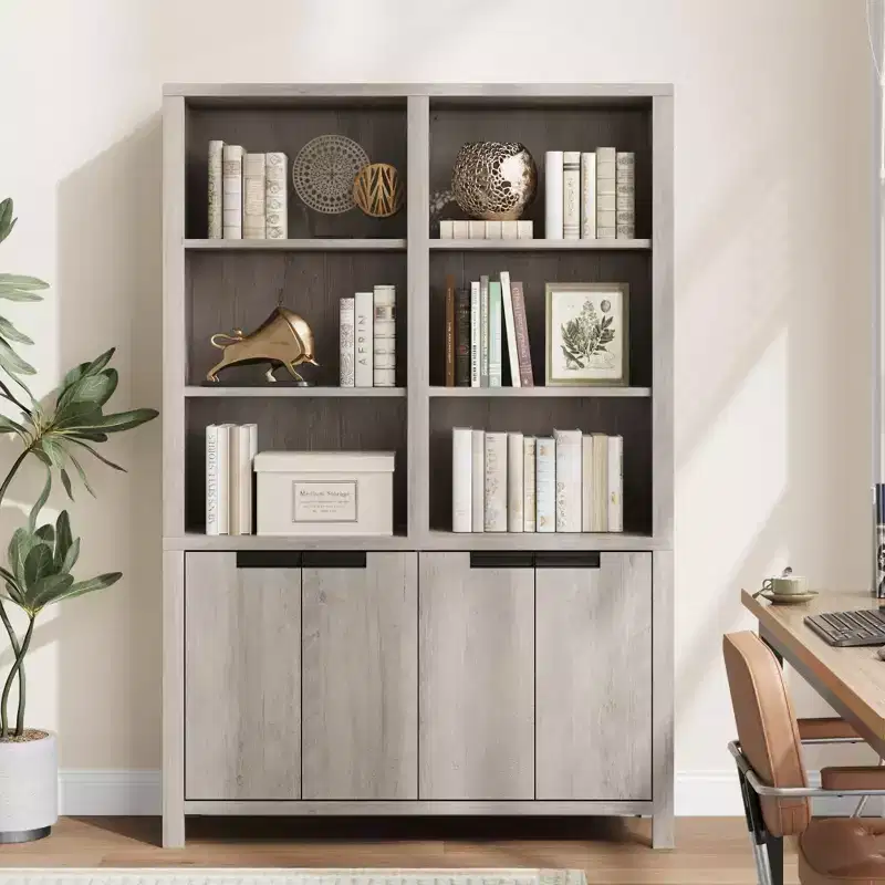 70.7 Tall Bookshelf w/Doors & Adjustable Shelf, 5-Tier Double Wide Bookcase with Cabinet and Double Storage, Wooden Book Shelf Farmhouse Bookcase