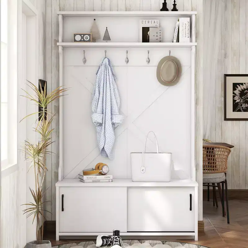 Okak Farmhouse Hall Tree with Top Shelf and Storage Bench, Coat Rack with Sliding Doors and 5 Hooks, Storage Rack for Entryway, Hallway, Off-White