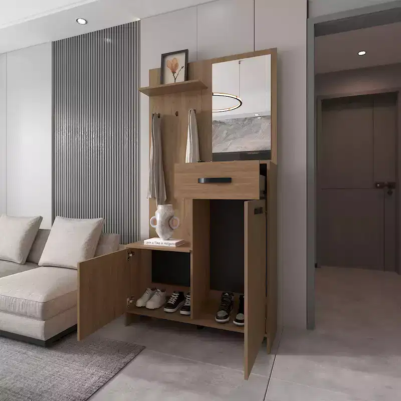 Modern Hall Tree with 3 Hooks and Mirror, Freestanding Coat Rack with Ample Storage, Coat Tree for Living Room, Bedroom, Light Oak