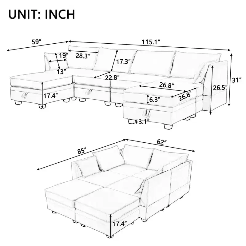 Sectional Sofa, U-Shape Sectional Couch With Reversible Chaise, Additional Storage Convertible Sofa Bed For Living Room, Office, Bedroom Beige