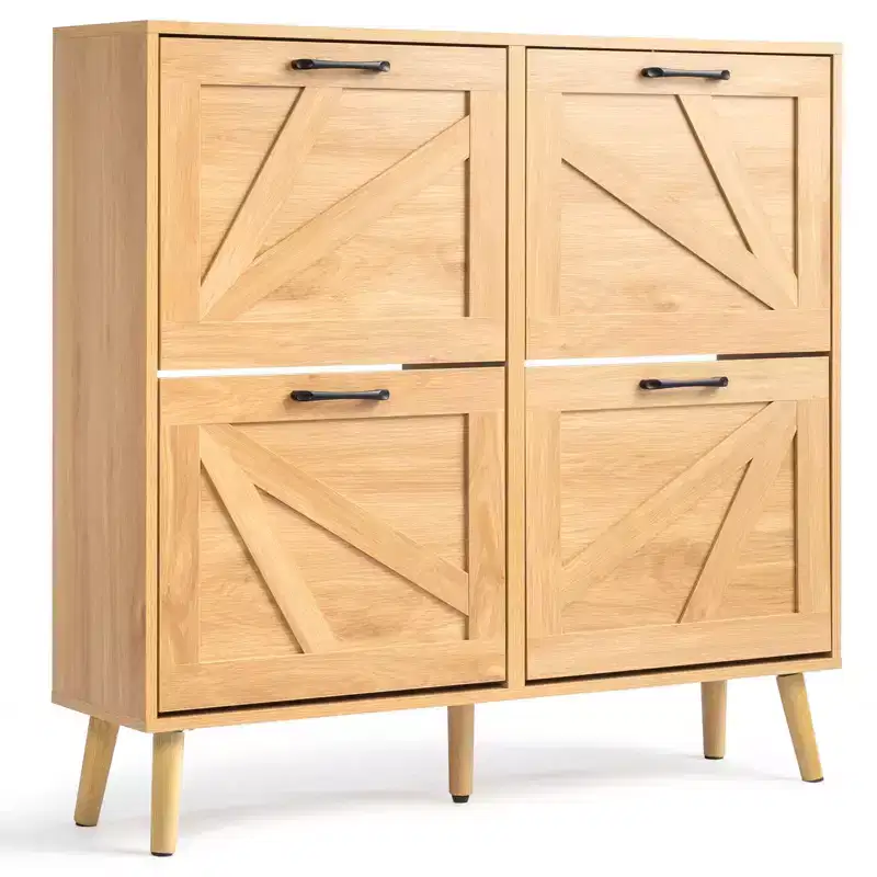 Karl Home Barn Door 4 Flip Black Handles Glued Particleboard Embossed Natural Legs Shoe Cabinet 41.7In Natural Wood