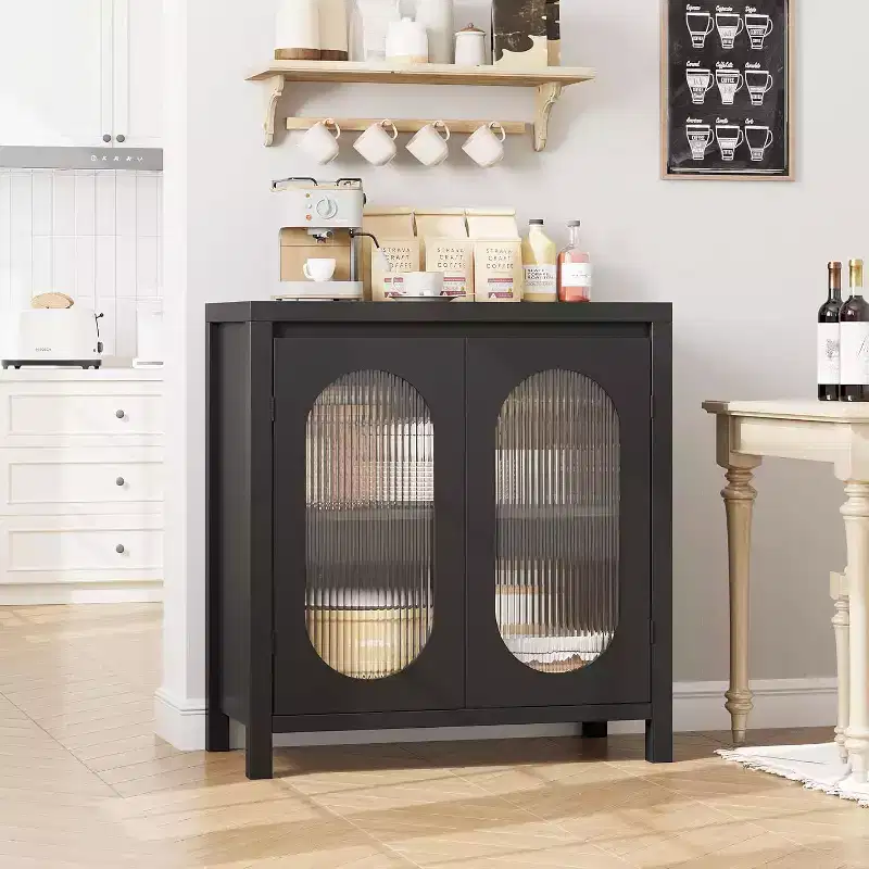30.1in Farmhouse Coffee Bar Cabinet, Buffet with Fluted Glass Doors, Kitchen Storage Cabinet for Dining Room & Entryway, Accent Storage Hutch Black