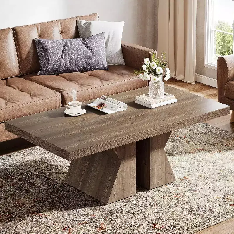 Wood Coffee Table, 47-Inch Rectangular Center Table with Thick Wooden Base, Farmhouse Wood-Look Cocktail Table for Living Room (Brown)